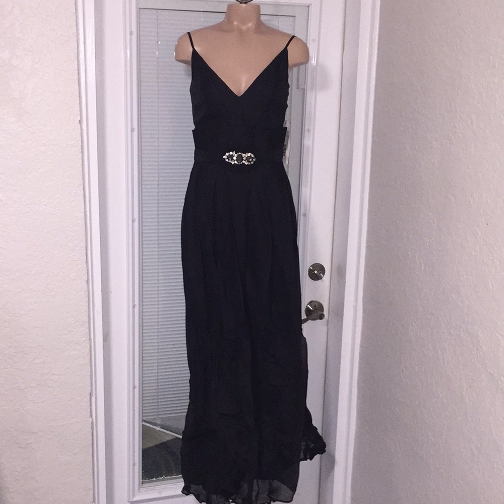 Badgley Mischka black organza gown dress 10 belted